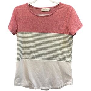 YunJey Color Block T-Shirt Women’s Size Small – Pink, Gray & White Short Sleeve